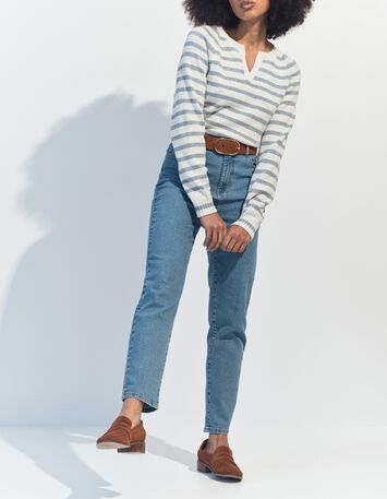 TERESA - Pull blanc tricot motif rayures lurex ciel -2