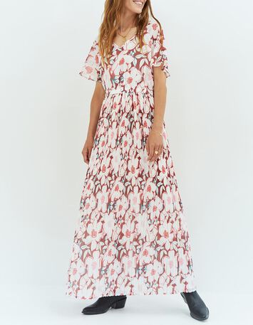 RAMIA - Robe longue écrue à imprimé camelia arty-1