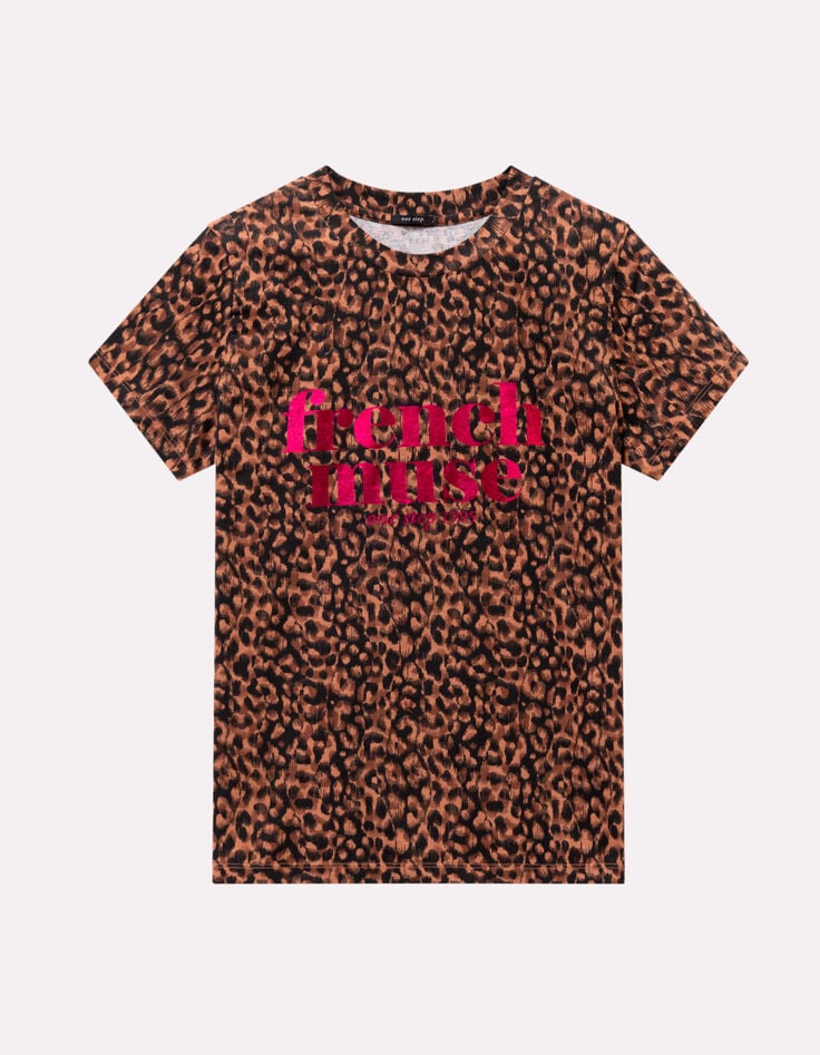 MELVA - T-shirt noir coton bio léopard à message métallisé-1 MELVA - T-shirt noir coton bio léopard à message métallisé-1