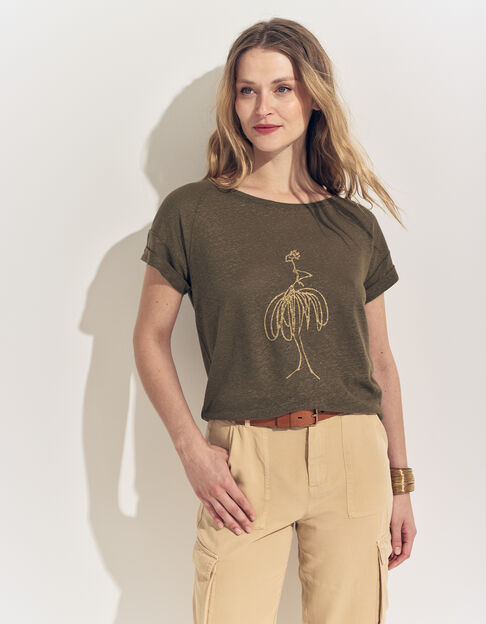 MEIRY- T-shirt kaki maille coton lin danseuse dorée - One Step