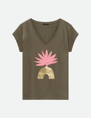 MIRAMAR - T-shirt kaki coton bio visuel arty géométrique -1