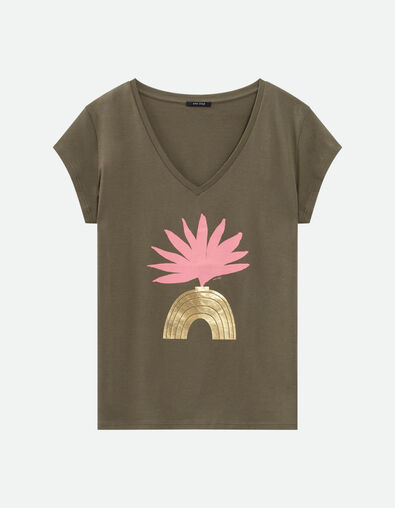MIRAMAR - T-shirt kaki coton bio visuel arty géométrique  - One Step