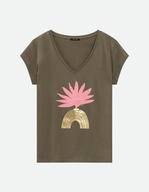 MIRAMAR - T-shirt kaki coton bio visuel arty géométrique  - One Step