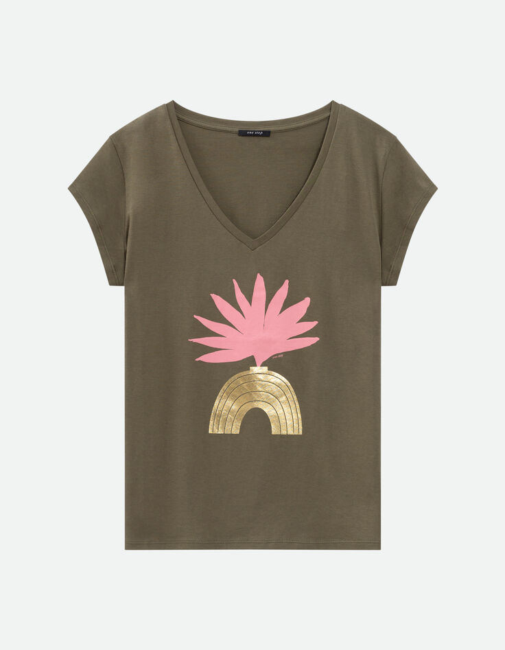 MIRAMAR - T-shirt kaki coton bio visuel arty géométrique -1