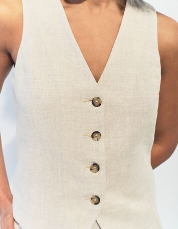 GLORIA - Gilet de costume beige chiné en lin et coton -4