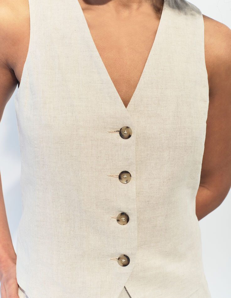GLORIA - Gilet de costume beige chiné en lin et coton -4