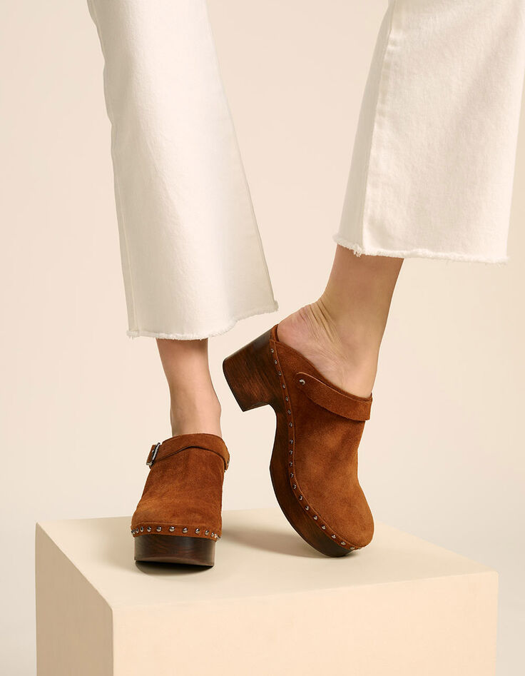 O.POLIE - Sabots caramel en cuir velours à talon bois-4 O.POLIE - Sabots caramel en cuir velours à talon bois-4