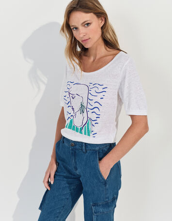MALONE - T-shirt blanc maille lin danseuse crayonné -2