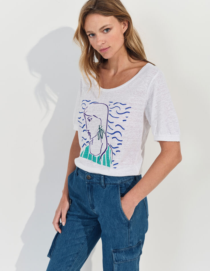 MALONE - T-shirt blanc maille lin danseuse crayonné -2