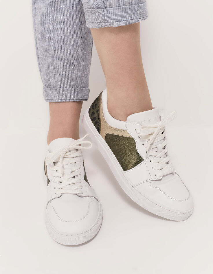 O.QUIMBO - Tennis basses blanc, kaki et doré cuir-2 O.QUIMBO - Tennis basses blanc, kaki et doré cuir-2