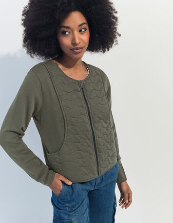 MARINO - Cardigan kaki coton bio zippé maille matelassée -2
