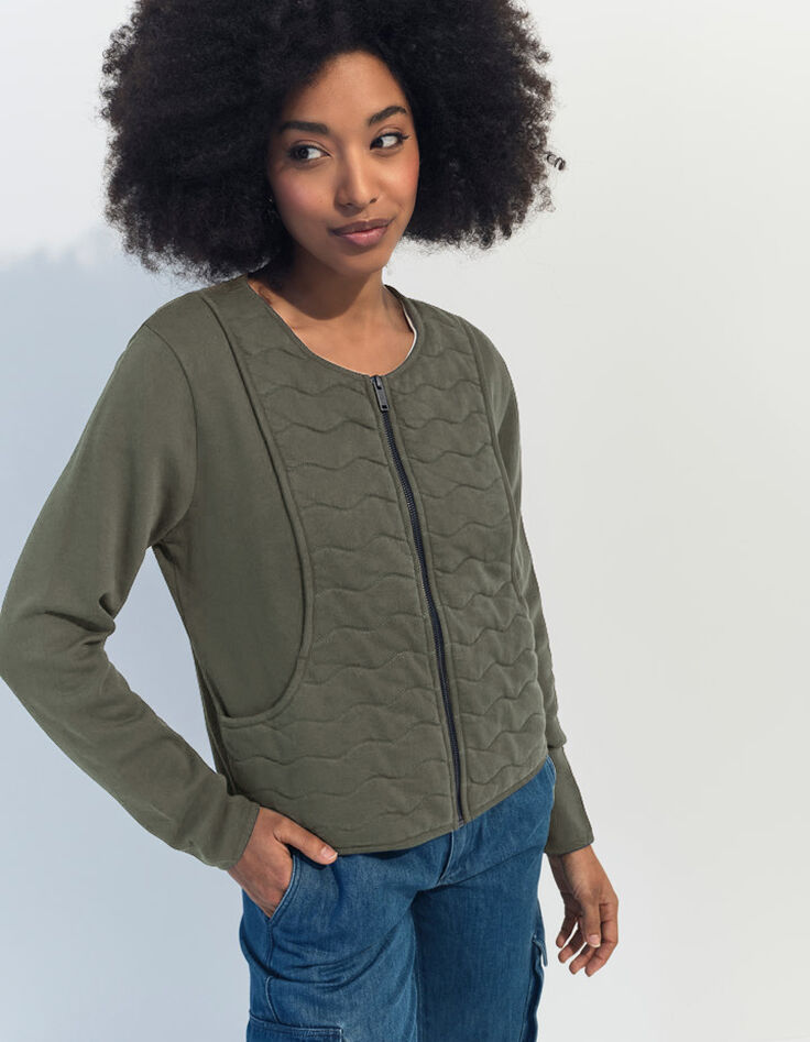 MARINO - Cardigan kaki coton bio zippé maille matelassée -2