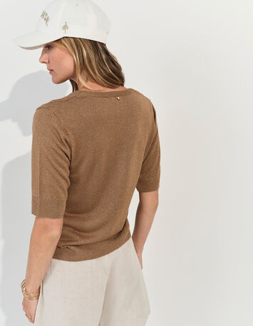 TERENOS - Cardigan manches courtes marron tricot lurex-3