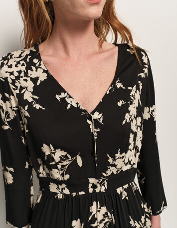 ROCCIA - Robe longue noire imprimé feuillage d'hiver-4