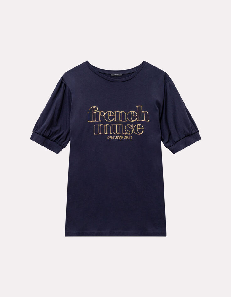 MARVA - T-shirt marine coton bio message doré-1