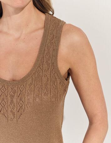 TAHIR - Pull sans manches marron tricot lurex fantaisie -4