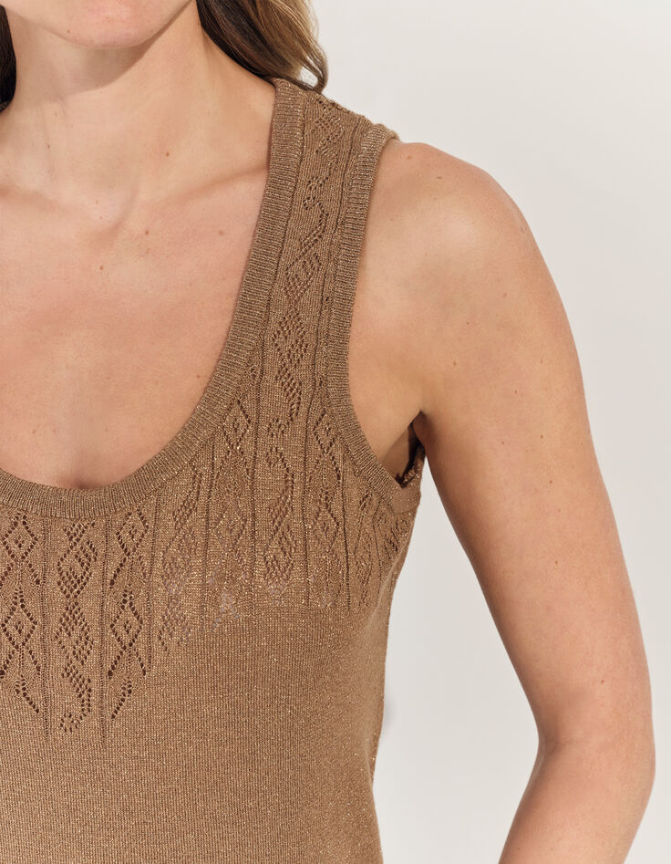 TAHIR - Pull sans manches marron tricot lurex fantaisie -4