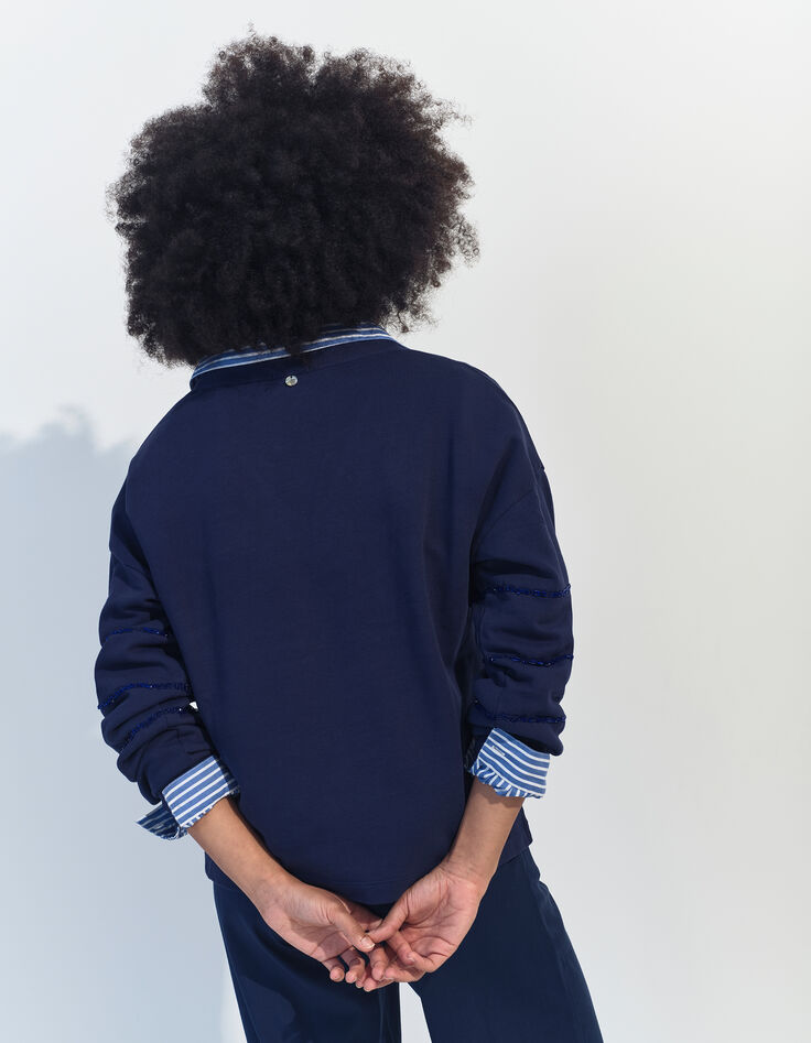 MOCOCA - Sweat bleu motif rayures perles brodées -2
