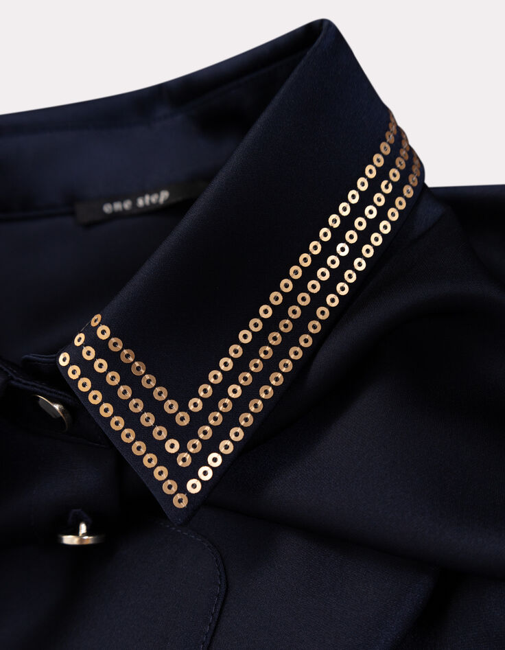 CISSY - Chemise marine satinée col brodé sequins-5 CISSY - Chemise marine satinée col brodé sequins-5