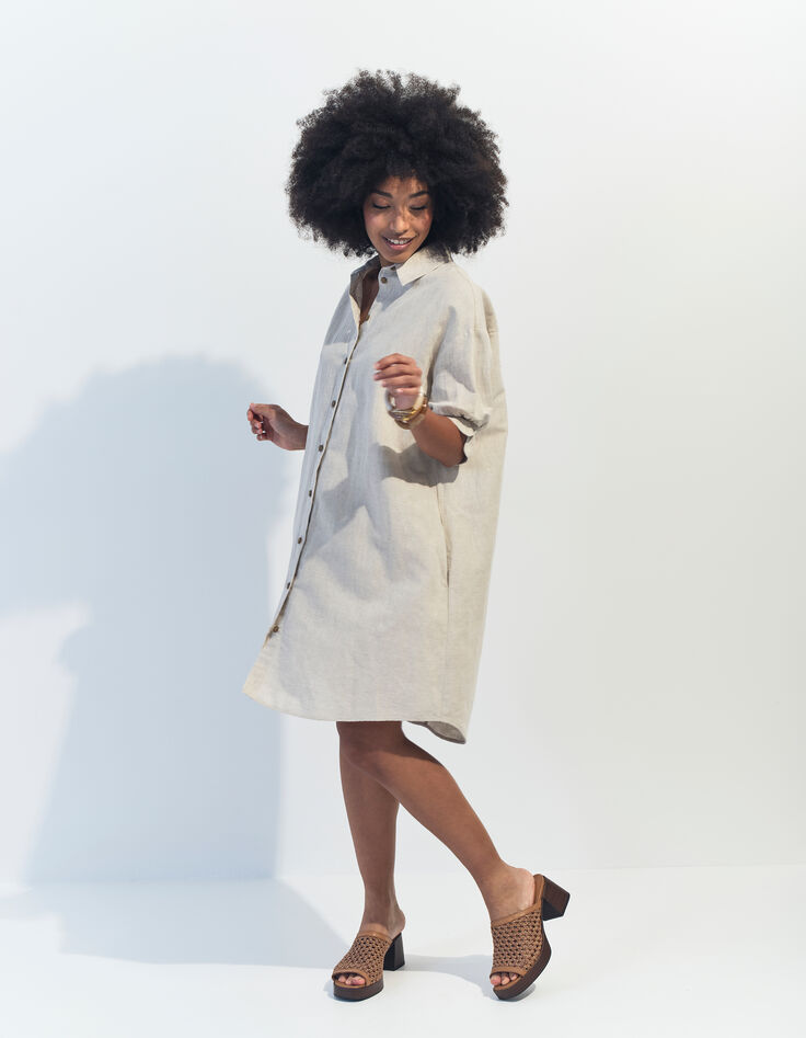 REACH - Robe chemise beige chiné en lin et coton -5