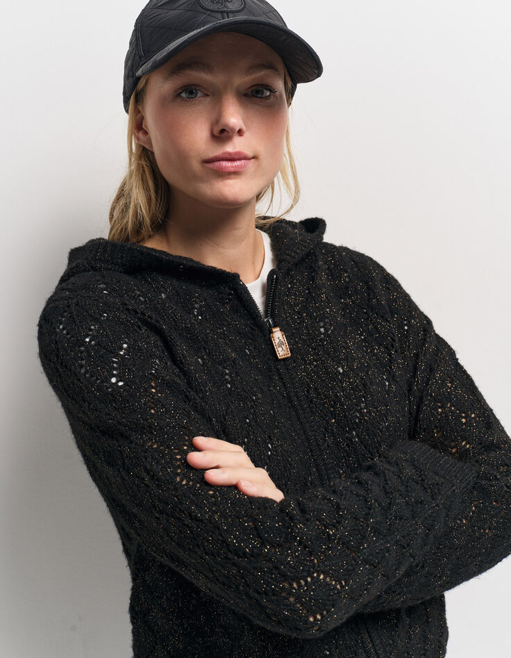 TIGER - Cardigan à capuche noir tricot ajouré lurex-2