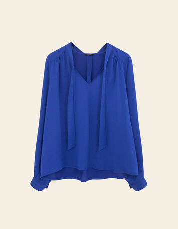 CYRILLE - Blouse saphir blue fluide &agrave; col lavalli&egrave;re-6