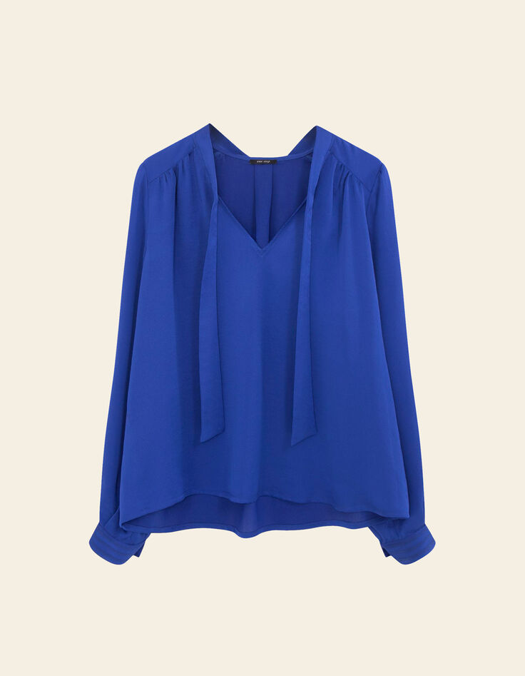 CYRILLE - Blouse saphir blue fluide &agrave; col lavalli&egrave;re-6