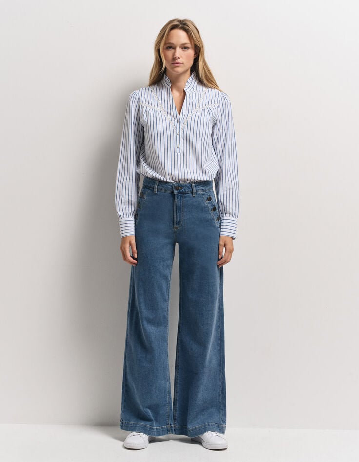 CAYCE - Blouse à rayures bleues découpes dentelle-2 CAYCE - Blouse à rayures bleues découpes dentelle-2