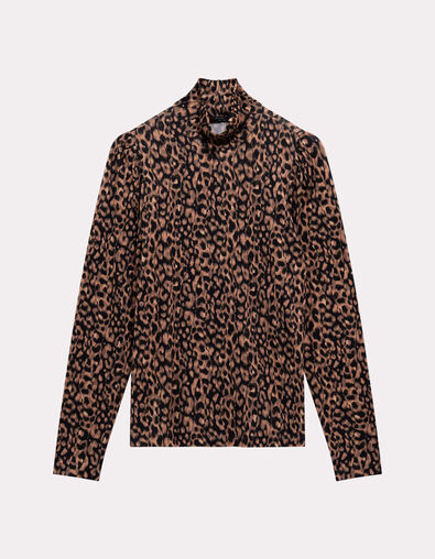 MADLY - T-shirt noir col roulé imprimé léopard - One Step
