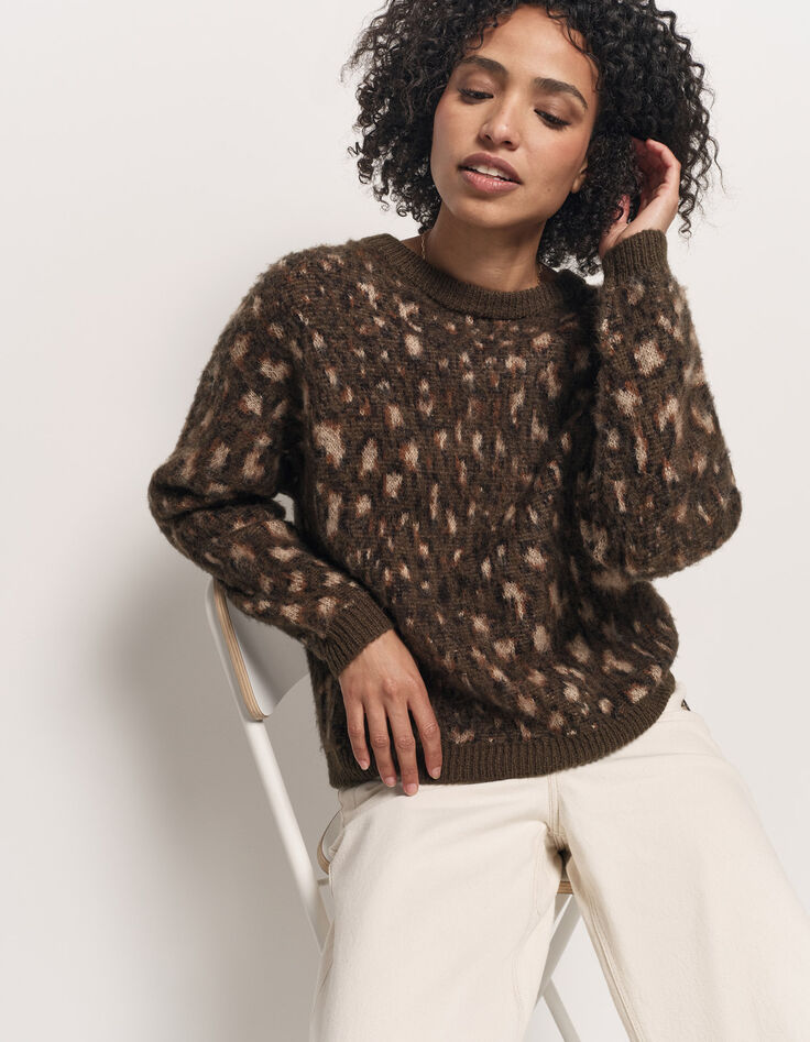 TEAL - Pull kaki tricot motif tachiste animalier-2