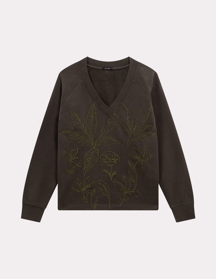 MEZZIA - Sweat kaki encolure V broderies fleurs-4