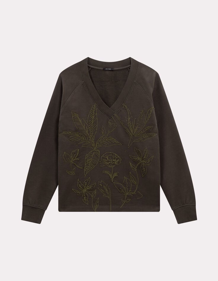 MEZZIA - Sweat kaki encolure V broderies fleurs-4 MEZZIA - Sweat kaki encolure V broderies fleurs-4