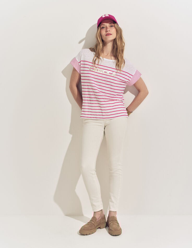 MOLLY- T-shirt blanc rayures rose et message-5 MOLLY- T-shirt blanc rayures rose et message-5