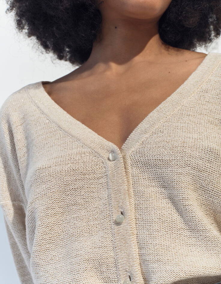TINA - Cardigan beige tricot lurex encolure V -4