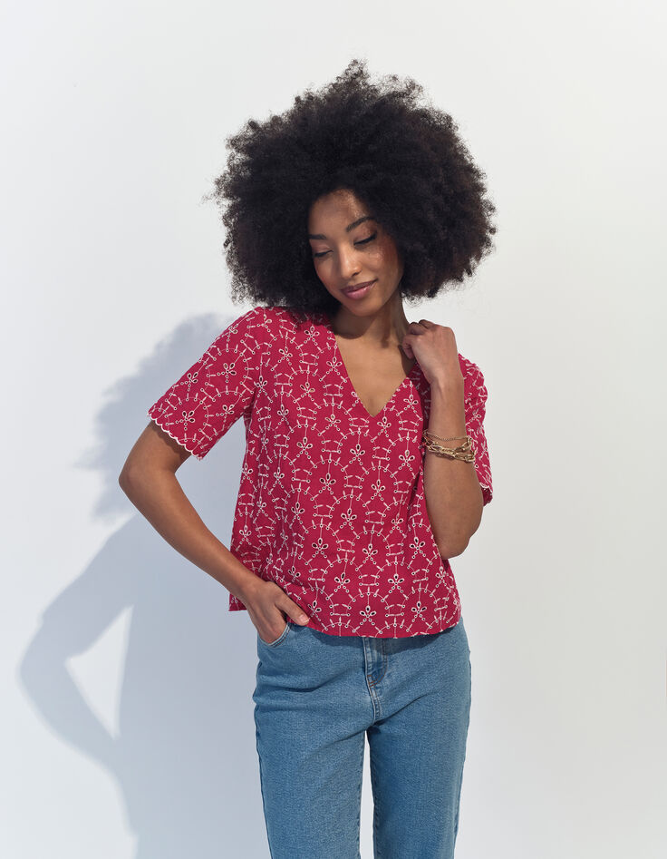 CRUZ - Top rose coton bio néo-broderie -1