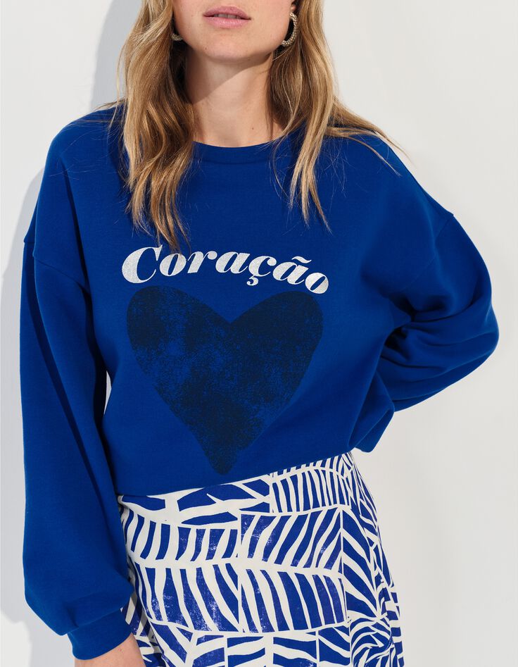 MIDI - Sweat bleu message m&eacute;tallis&eacute; et c&oelig;ur -1