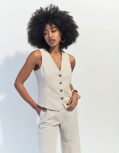 GLORIA - Gilet de costume beige chiné en lin et coton  - One Step