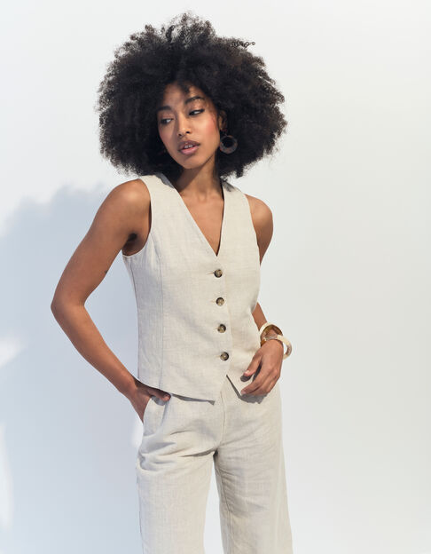 GLORIA - Gilet de costume beige chiné en lin et coton  - One Step