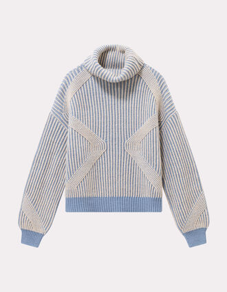 TOKAYA - Pull col roulé bleu tricot côtelé bicolore
