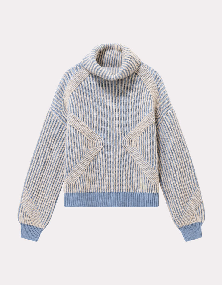 TOKAYA - Pull col roulé bleu tricot côtelé bicolore-5