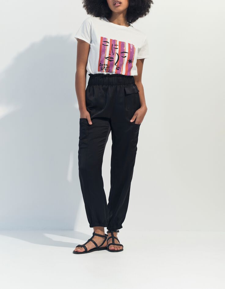 MIKA - T-shirt &eacute;cru coton bio visages sur fond ray&eacute; -5