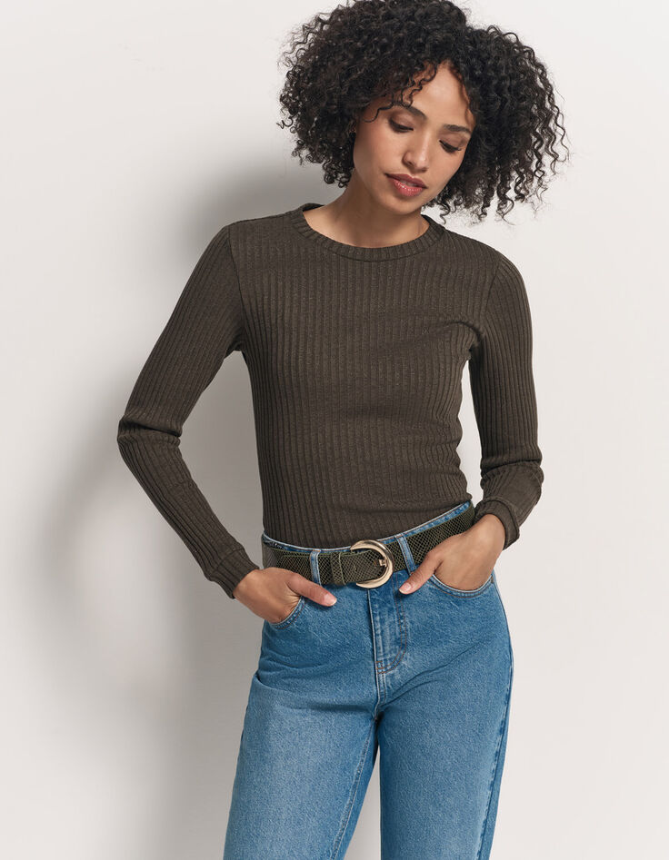 MALENE - T-shirt kaki maille côtelée lurex-1
