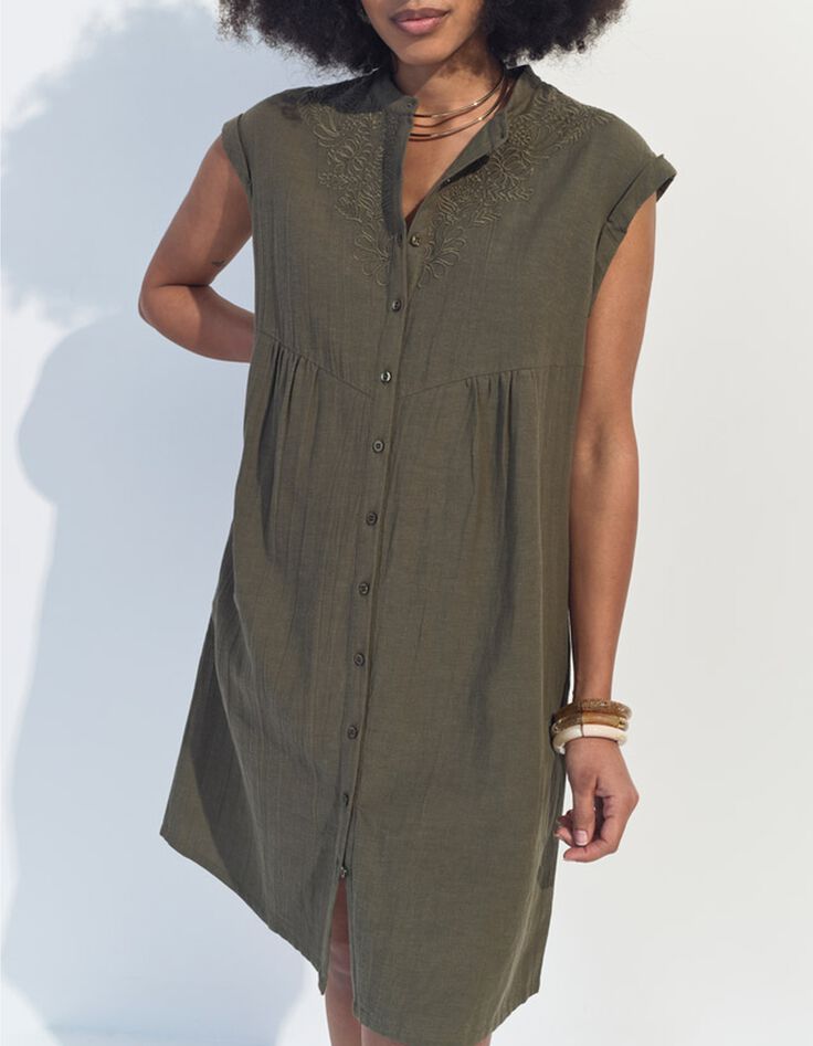 RONDONIA - Robe kaki coton lin broderies plac&eacute;es -4