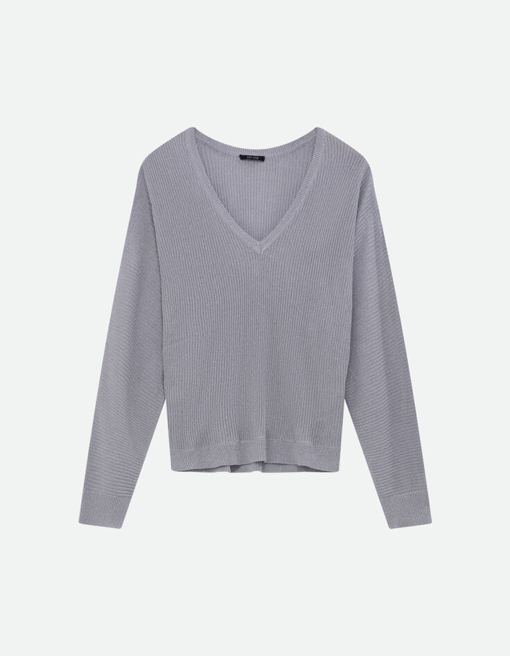TONY - Pull argent tricot côtelé manches chauve-souris -5