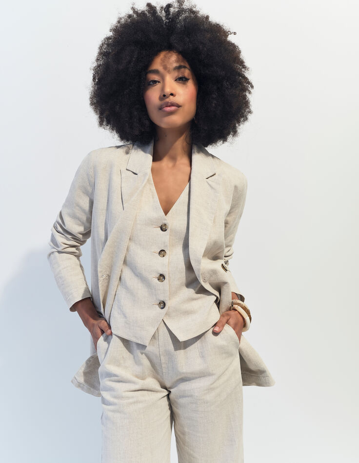 VITORIA - Veste de costume beige chiné en lin et coton -2