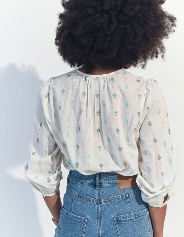 CACILDA - Blouse blanche broderies feuilles et rayures-3