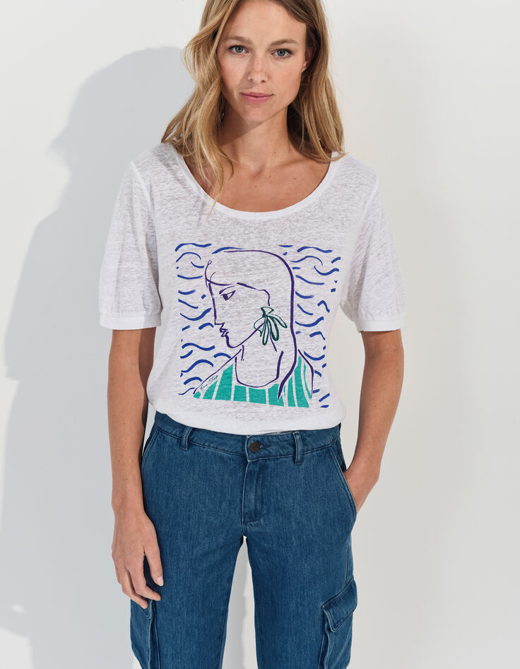 MALONE - T-shirt blanc maille lin danseuse crayonné -1