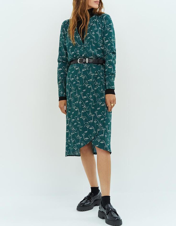 REVERDY - Robe midi vert cèdre à imprimé visages-2