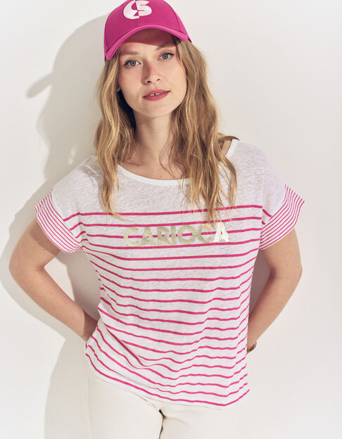 MOLLY- T-shirt blanc rayures rose et message - One Step
