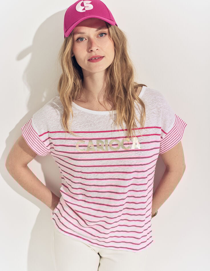 MOLLY- T-shirt blanc rayures rose et message-1 MOLLY- T-shirt blanc rayures rose et message-1